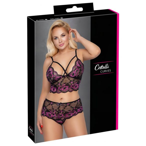 Cottelli Plus Size - Σετ Σουτιέν με Λουλούδια (Μαύρο-Μωβ)