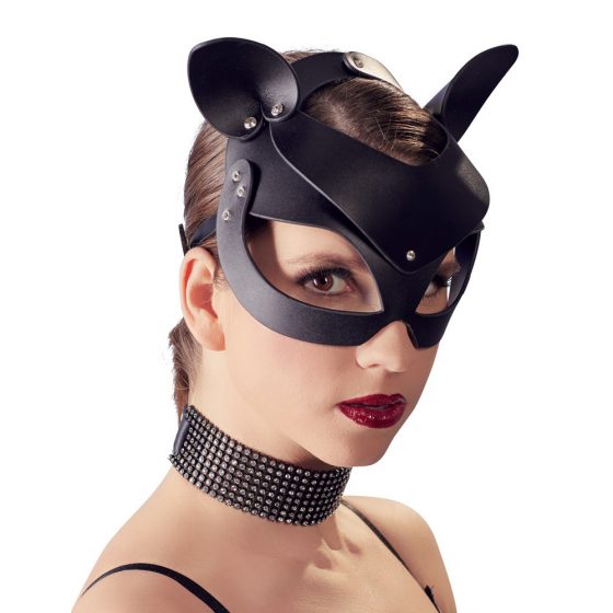Κακιά Γατούλα - ψεύτικο δέρμα, στρας μάσκα γάτας - μαύρο (S-L)
