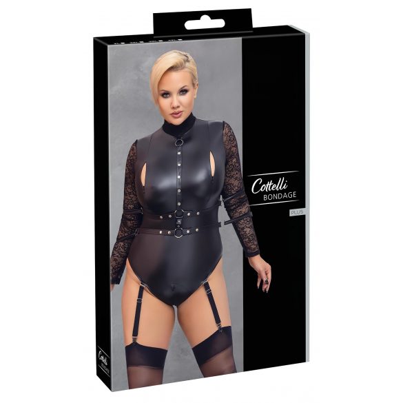 Κορμάκι Cottelli Bondage Plus Size με δαντελωτά μανίκια (μαύρο)  - 2XL