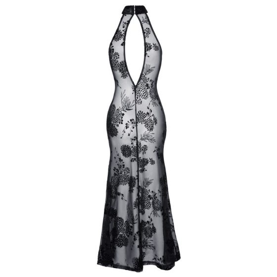 Νουάρ - διάφανο, λουλουδάτο, μακρύ φόρεμα (μαύρο) - M