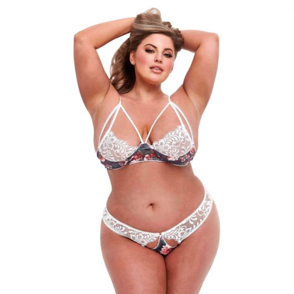 Baci Plus Size - ανθισμένο, δαντελωτό σουτιέν και ανοιχτό πίσω εσώρουχα 